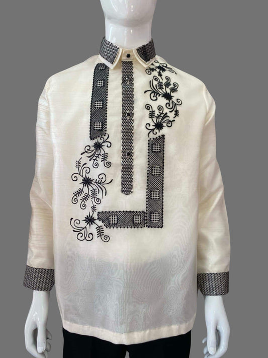 Elegance in Contrast: Organza Barong with Black Embroidery and Ethnic Details - BR214