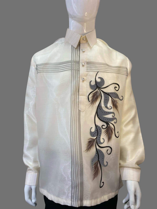 Classic Organza Barong Tagalog with Artistic Black Leaf Embroidery Design- BR243