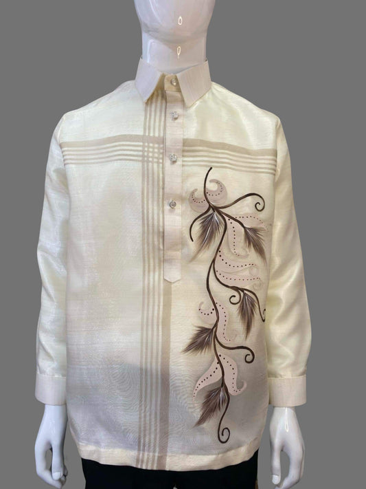 Classic Organza Barong Tagalog with Artistic Brown Leaf Embroidery Design - BR244